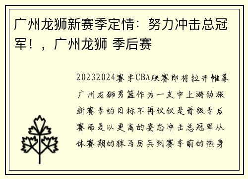 广州龙狮新赛季定情：努力冲击总冠军！，广州龙狮 季后赛