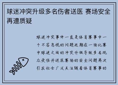 球迷冲突升级多名伤者送医 赛场安全再遭质疑