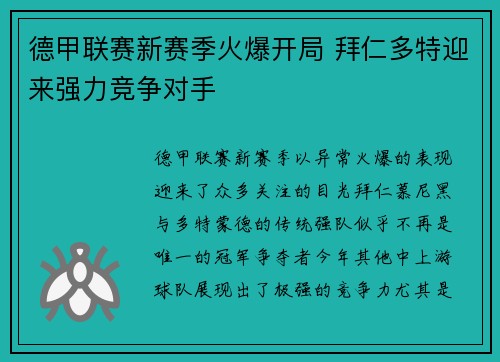 德甲联赛新赛季火爆开局 拜仁多特迎来强力竞争对手